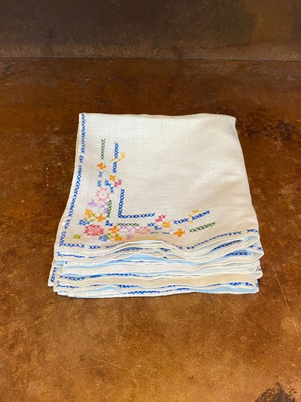 1940s SET Hand Embroidered Linen Cloth Napkins Antique White Cottagecore Boho